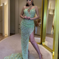 Green one shoulder sequins evening dress long prom dress 1405