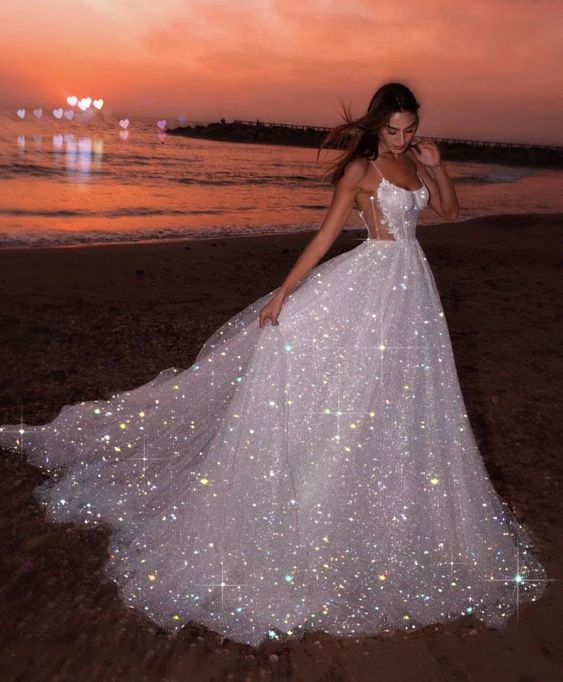 Weißes glänzendes elegantes Spaghettiträger-A-Linien-Abendkleid mit langen Pailletten, Ballkleid, NV1059