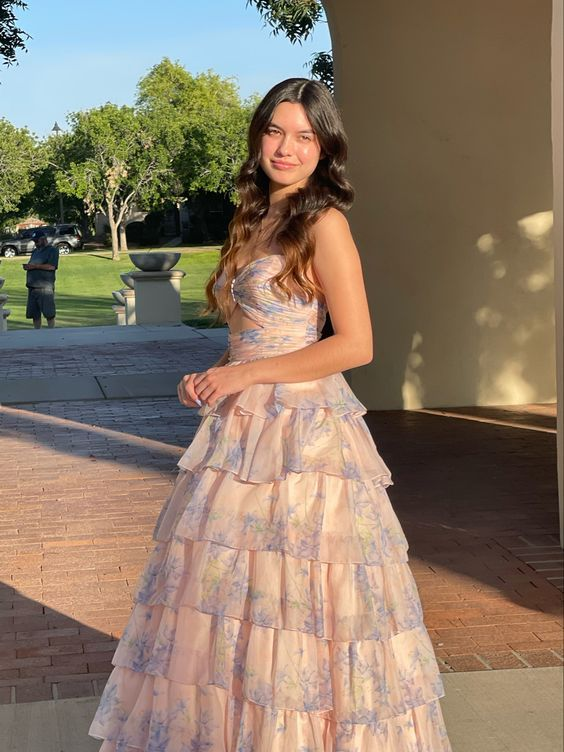 Charmantes Ballkleid, lang, trägerlos, mit Rüschen, Blumenmuster, langes Ballkleid nv1398