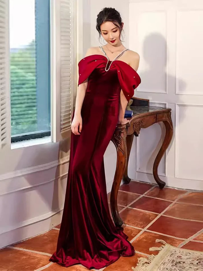 Red strapless velvet party dress long mermaid tail slim ball gown evening dress nv3090