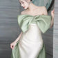 White off-shoulder green short-sleeved satin green bow mermaid white satin long ball gown evening dress party dress nv2529