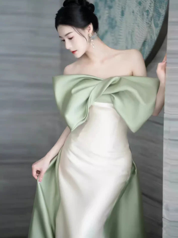 White off-shoulder green short-sleeved satin green bow mermaid white satin long ball gown evening dress party dress nv2529