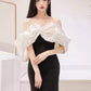 Black off-shoulder white short-sleeved satin mermaid black satin long ball gown evening dress party dress nv2528