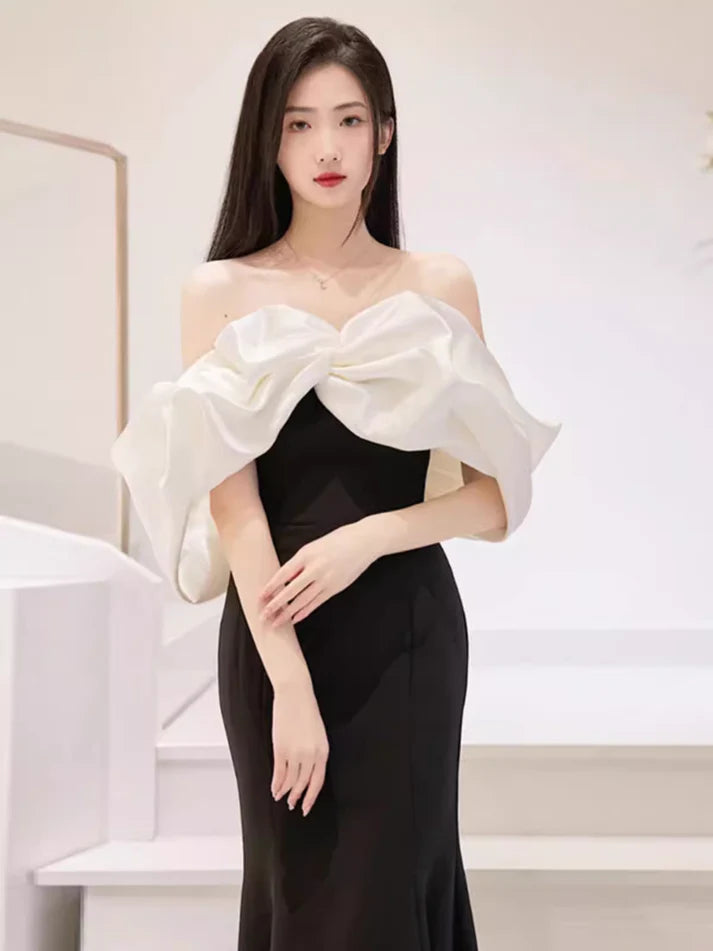 Black off-shoulder white short-sleeved satin mermaid black satin long ball gown evening dress party dress nv2528