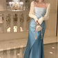 Blue elegant slim spaghetti strap off the shoulder long ball gown evening dress party dress birthday dress nv2321