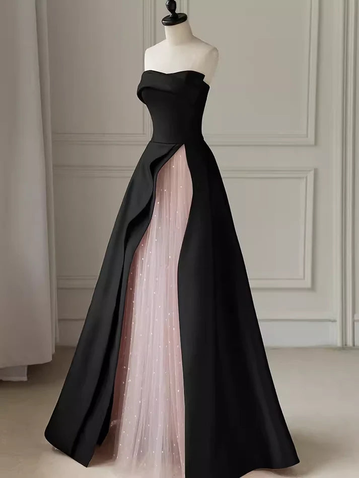 Black simple elegant A-line off-shoulder long satin ball gown evening dress party dress nv2563