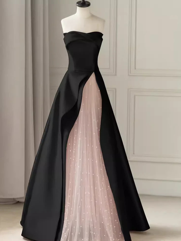 Black simple elegant A-line off-shoulder long satin ball gown evening dress party dress nv2563