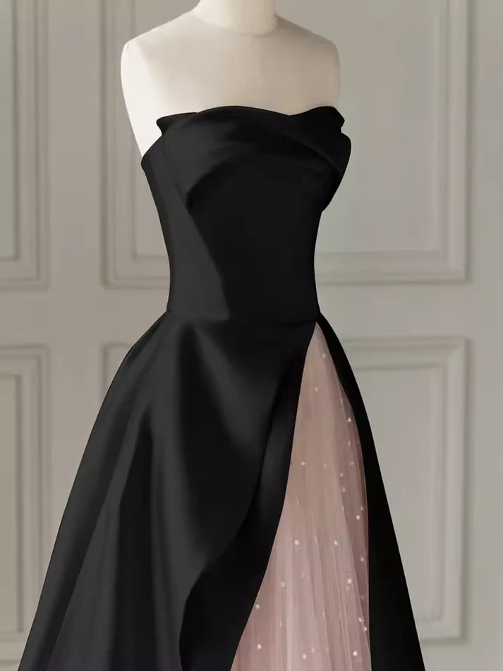 Black simple elegant A-line off-shoulder long satin ball gown evening dress party dress nv2563