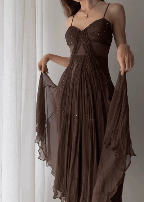 Vintage A-Linie Träger Bodenlanges Braunes Ballkleid nv1696
