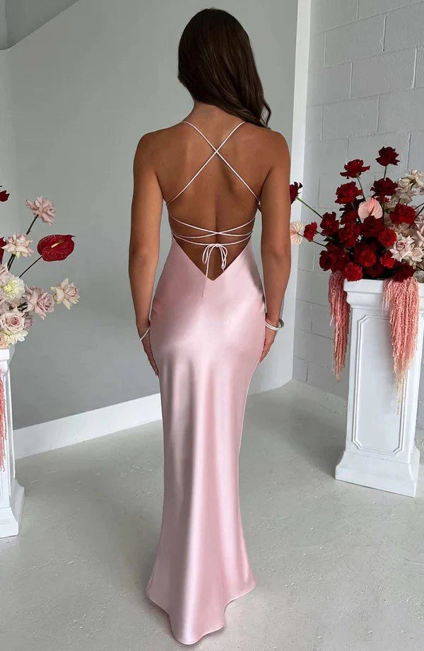 Robe de soirée longue en satin rose élégante et sexy, à bretelles, longueur au sol, robe de bal, robe de soirée nv3707