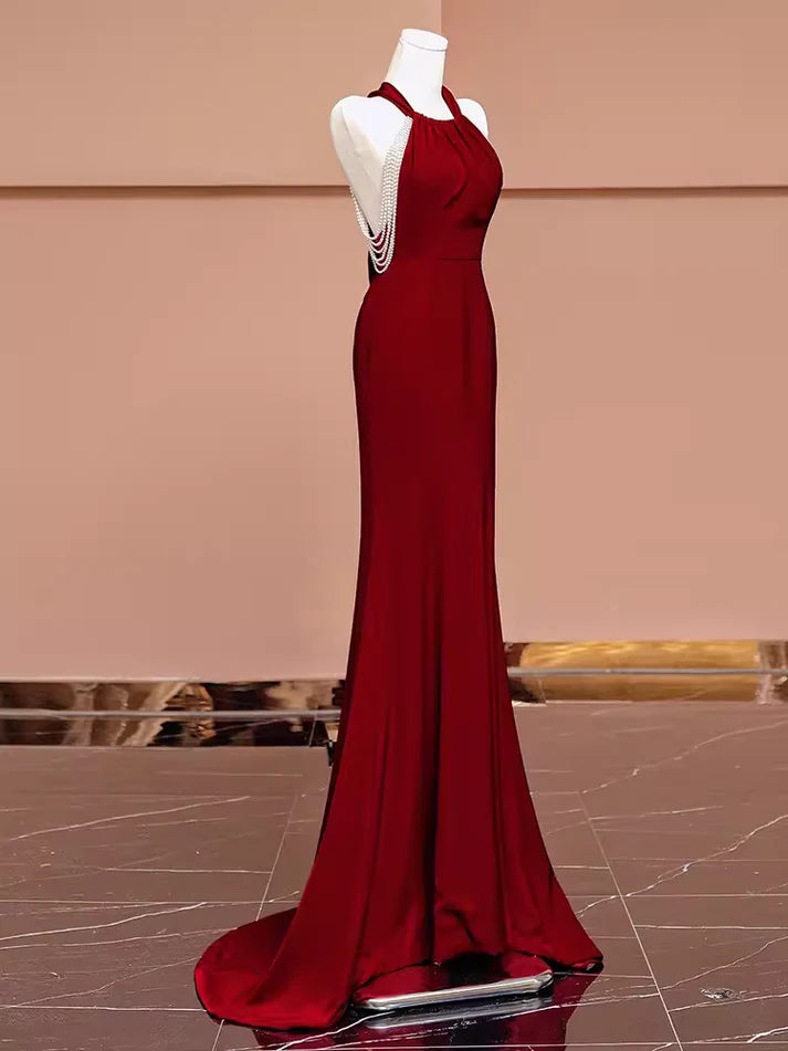 Mermaid Halter Burgundy Long Prom Dresses nv1717