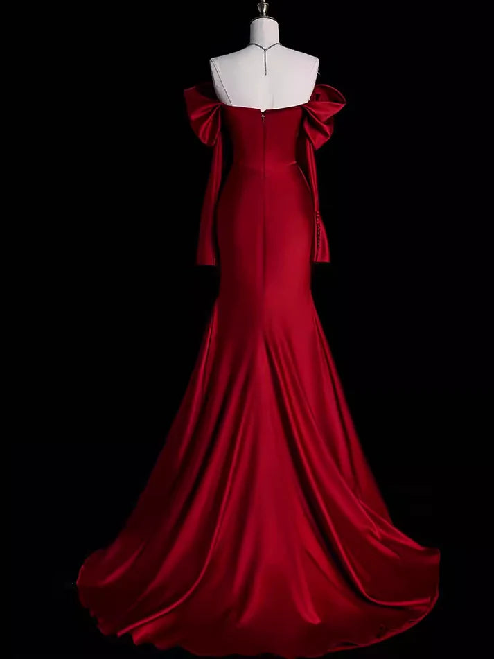 Robe de bal longue en satin bordeaux à épaules dénudées et sirène nv1552