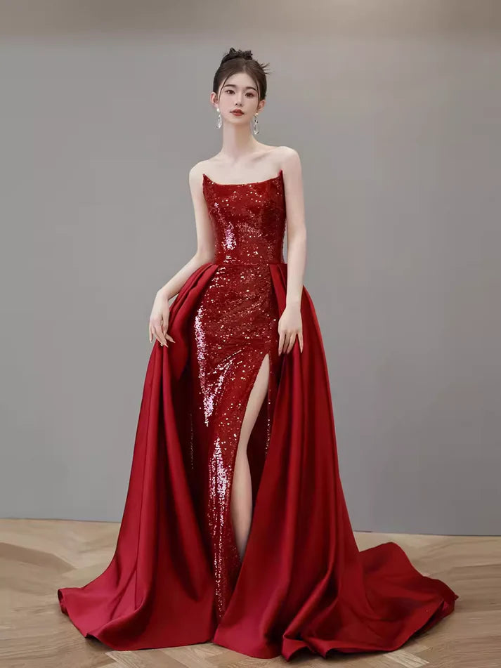 Red Mermaid Off-the-shoulder Sequined A-line Long Slit Ball Gown Evening Gown Party Dress nv2515