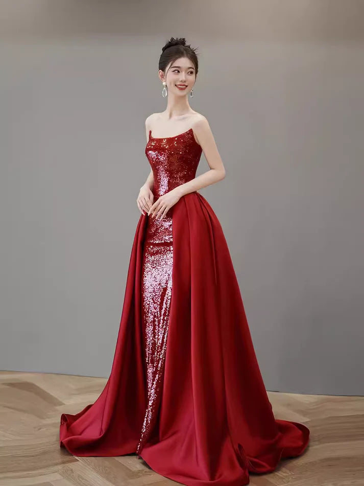 Red Mermaid Off-the-shoulder Sequined A-line Long Slit Ball Gown Evening Gown Party Dress nv2515