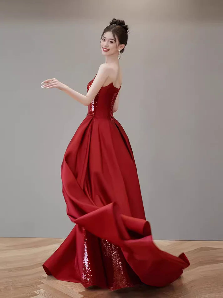 Red Mermaid Off-the-shoulder Sequined A-line Long Slit Ball Gown Evening Gown Party Dress nv2515