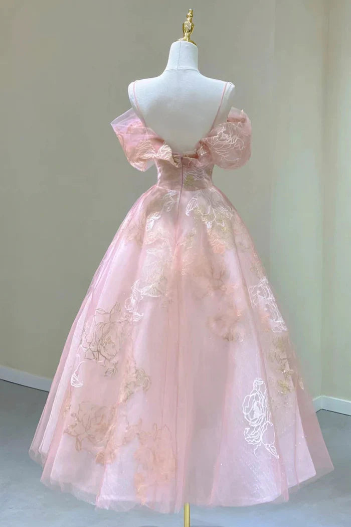 Cute Pink Sweet Tulle Lace Long A-Line Ball Gown Evening Dress banquet outfit nv2991