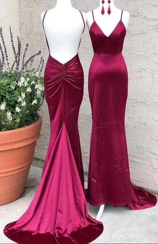 Rot/Lila Mode Sexy V-Ausschnitt Spaghettiträger Lange Rückenfreie Krawatte Meerjungfrau Fit Bodenlangen Ballkleid Abendkleid Partykleid nv3668