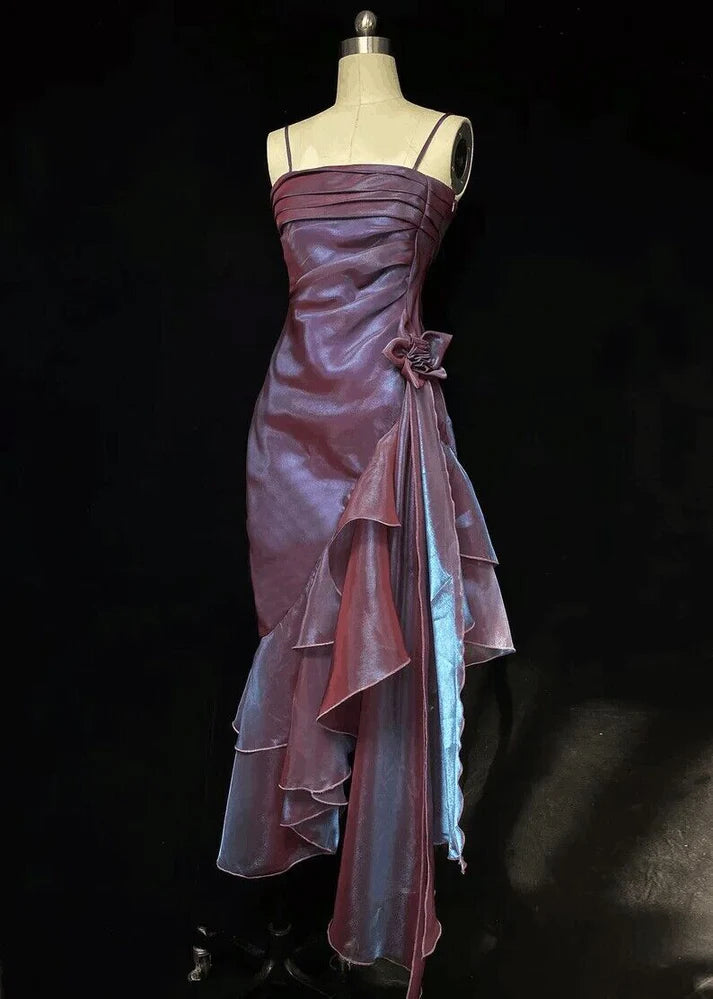 Robe de soirée élégante en satin vert rétro à bretelles spaghetti, longue et irrégulière, à volants, robe de bal, robe de soirée nv1626