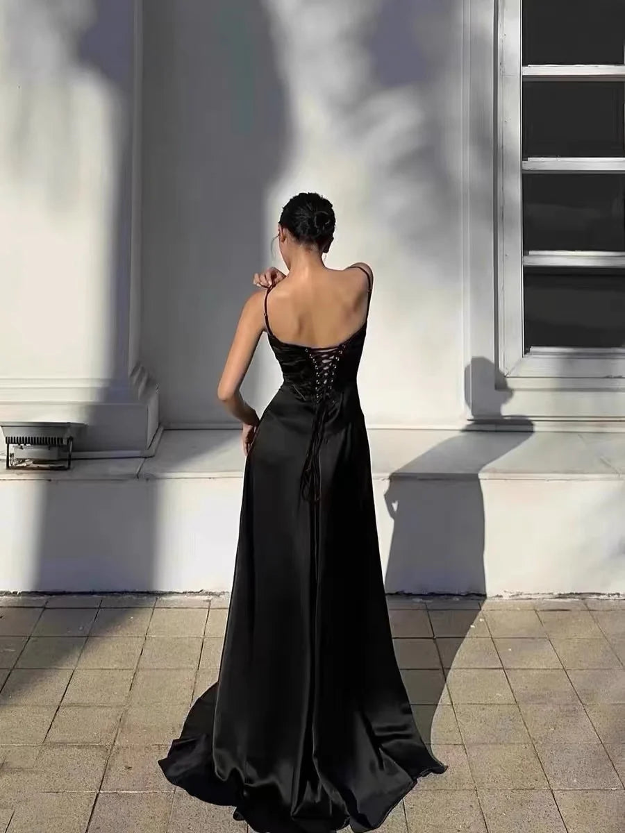 Robe de soirée noire sexy à bretelles spaghetti et sirène pour anniversaire, robe de bal, nv1959