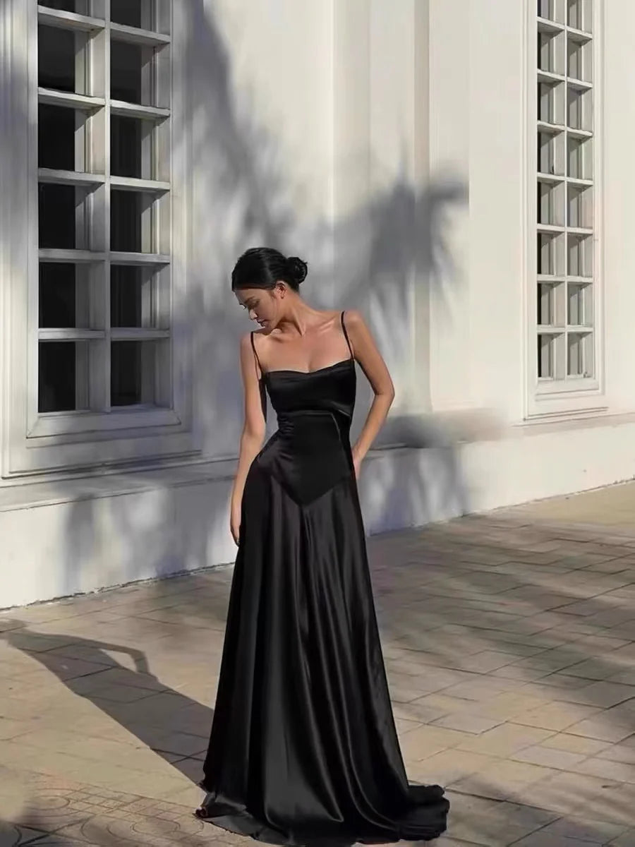 Robe de soirée noire sexy à bretelles spaghetti et sirène pour anniversaire, robe de bal, nv1959