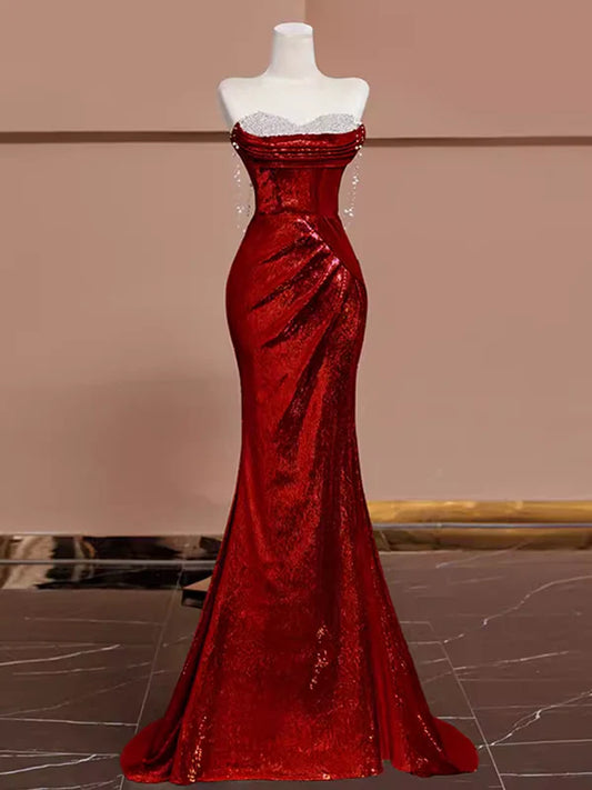 Burgundy shiny sexy long elegant sequined mermaid slim fishtail ball gown evening dress nv3406