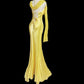 Yellow Fashion Elegant Exquisite Lace V-neck Backless Lace-up Long Floor-length Satin Ball Gown Evening Gown Party Dress nv3944