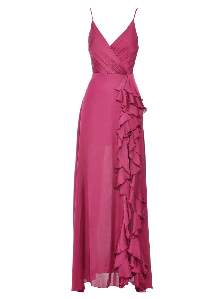 Camisole-Kleid mit unregelmäßigem Rüschenbesatz und Schlitz, Rosarot, NV1339