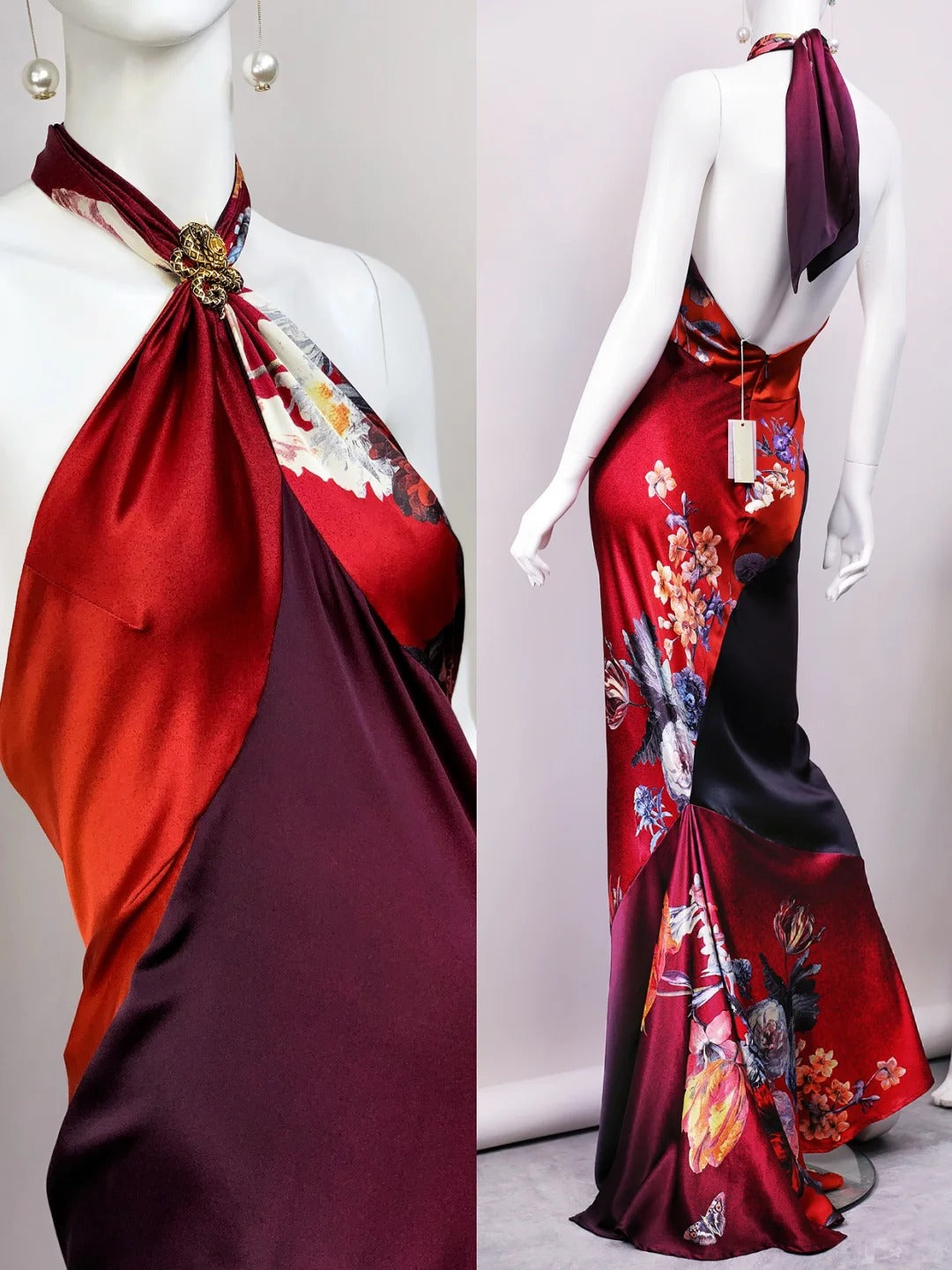 Rotes, bezauberndes, langes Satin-Ballkleid mit Blumenmuster, Abendkleid, Partykleid, nv5137