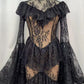 Gothic Dark Style Vintage Luxury Fairy Style High-Neck Bell-Sleeve Gown | Black/White Lace Sheer Multi-Layer Ruffled Maxi Dress for Wedding Retro Theme Party Luxury Dinner NV6284