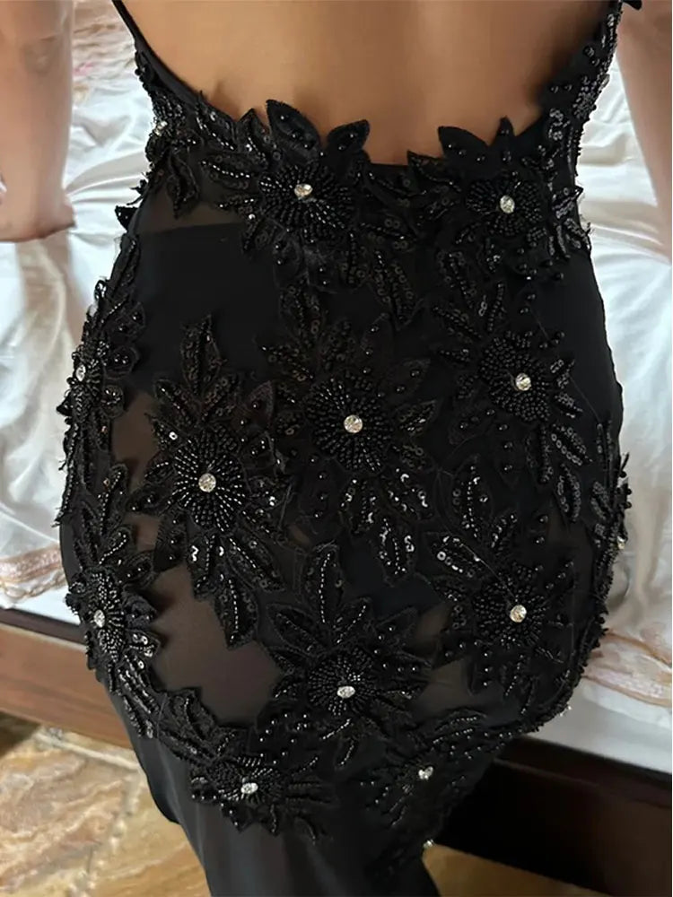 Modisches rückenfreies Maxikleid mit Spaghettiträgern und Spitze in Schwarz, ärmelloses Kleid, lang, Geburtstagskostüm, Ballkleid, Abendkleid nv1820