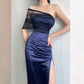 Blue Fashion Unique Long Tulle Evening Dress Satin Sexy High Slit Slim Midi Skirt Prom Dress Evening Dress Party Dress nv3437