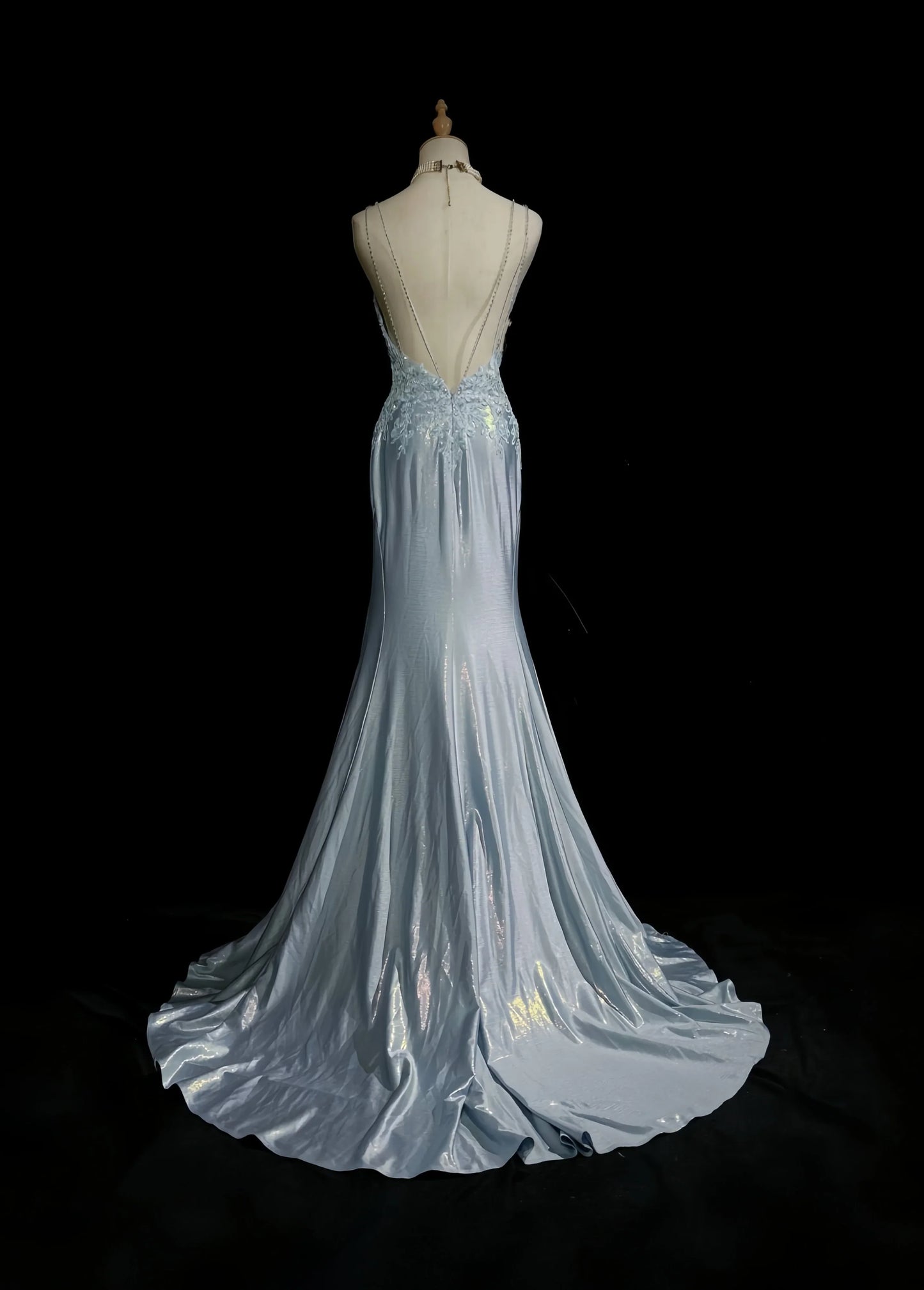 Blue ball gown elegant spaghetti straps ball gown pleated sweetheart neckline sexy backless fishtail celebrity party evening dress nv4153
