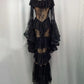 Gothic Dark Style Vintage Luxury Fairy Style High-Neck Bell-Sleeve Gown | Black/White Lace Sheer Multi-Layer Ruffled Maxi Dress for Wedding Retro Theme Party Luxury Dinner NV6284