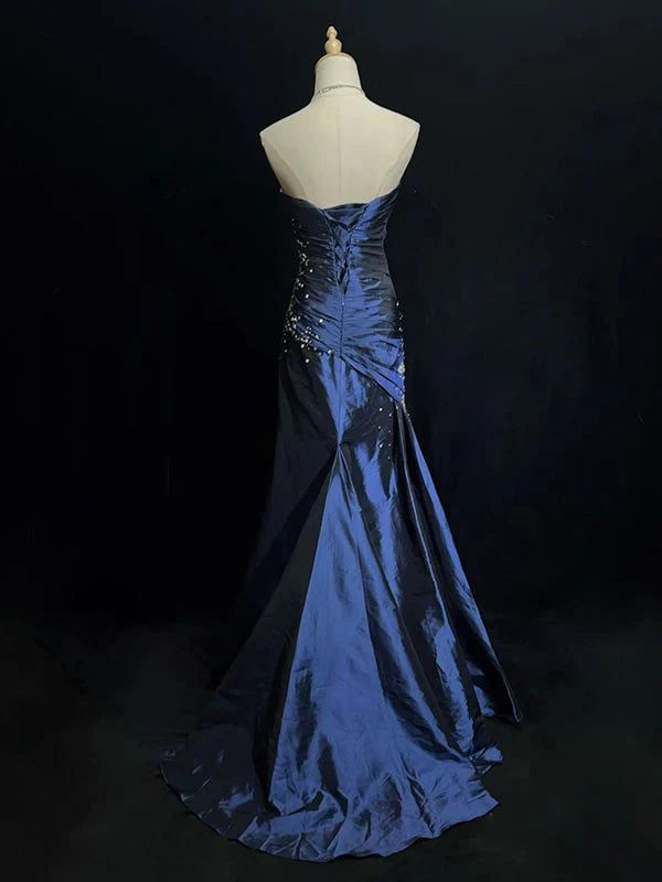 Navy Blue Sexy Sweetheart Sleeveless Mermaid Satin Long Ball Gown Evening Dress nv3403