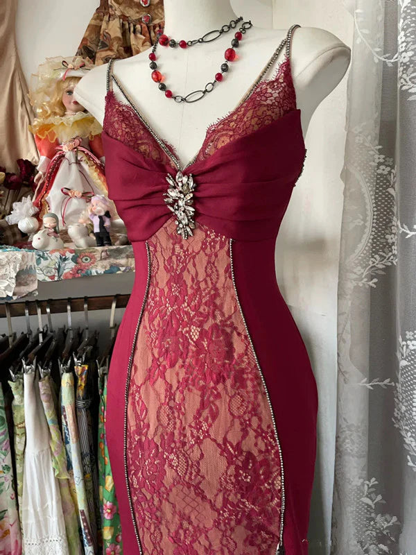 Rot Retro Mode Sexy Spaghettiträger Exquisite Spitze Meerjungfrau Schlank Ballkleid Langes Partykleid Ballkleid Abendkleid nv3853