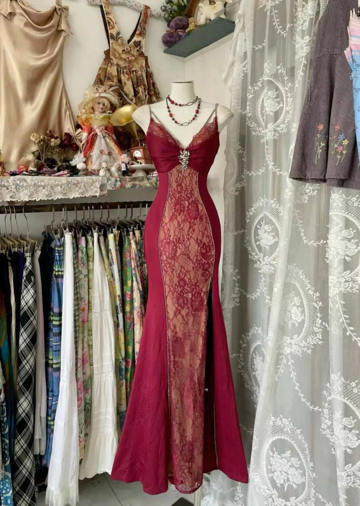 Rot Retro Mode Sexy Spaghettiträger Exquisite Spitze Meerjungfrau Schlank Ballkleid Langes Partykleid Ballkleid Abendkleid nv3853