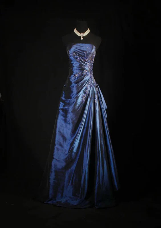 Marineblau Wunderschönes glänzendes Vintage-Mode-Schulterfreies, exquisites, langes Satin-Ballkleid mit Perlenbesatz, elegantes Partykleid, Abschlussballkleid nv3852