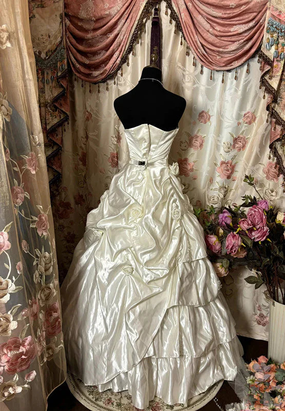Elfenbein Elegante Exquisite Applikation Langes Satin Ballkleid Abendkleid Brautkleid nv3764