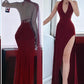 Robe de soirée sirène rouge élégante et sexy, col en V, dos nu, longue, fendue, en mousseline de soie, robe de bal, robe de soirée, robe de bal, nv3851