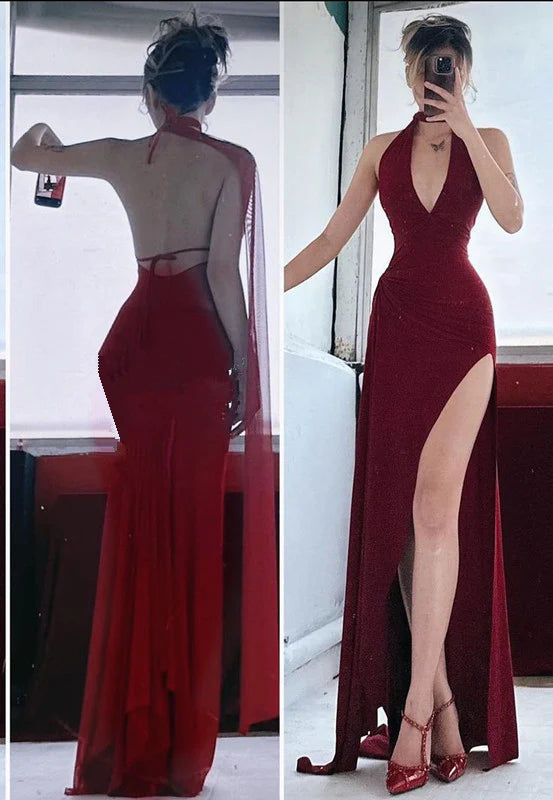 Robe de soirée sirène rouge élégante et sexy, col en V, dos nu, longue, fendue, en mousseline de soie, robe de bal, robe de soirée, robe de bal, nv3851