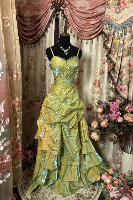 Grünes funkelndes Vintage-Ballkleid, trägerlos, langes Satin-Partykleid, Abschlussballkleid nv3768