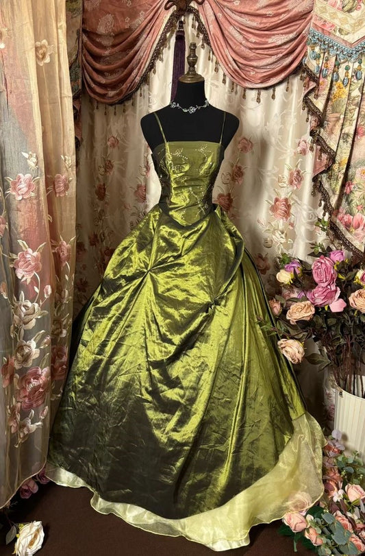 Olivgrünes Vintage-Mode Spaghettiträger Satin Langes Tüll Partykleid Ballkleid Abendkleid nv3822