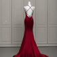 Robe de soirée sirène bordeaux sexy et exquise, bretelles spaghetti, longueur au sol, en satin, dos nu, robe de bal, robe de soirée nv3601