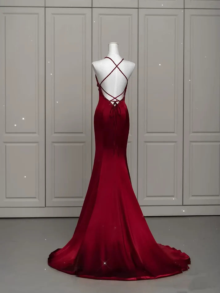 Robe de soirée sirène bordeaux sexy et exquise, bretelles spaghetti, longueur au sol, en satin, dos nu, robe de bal, robe de soirée nv3601