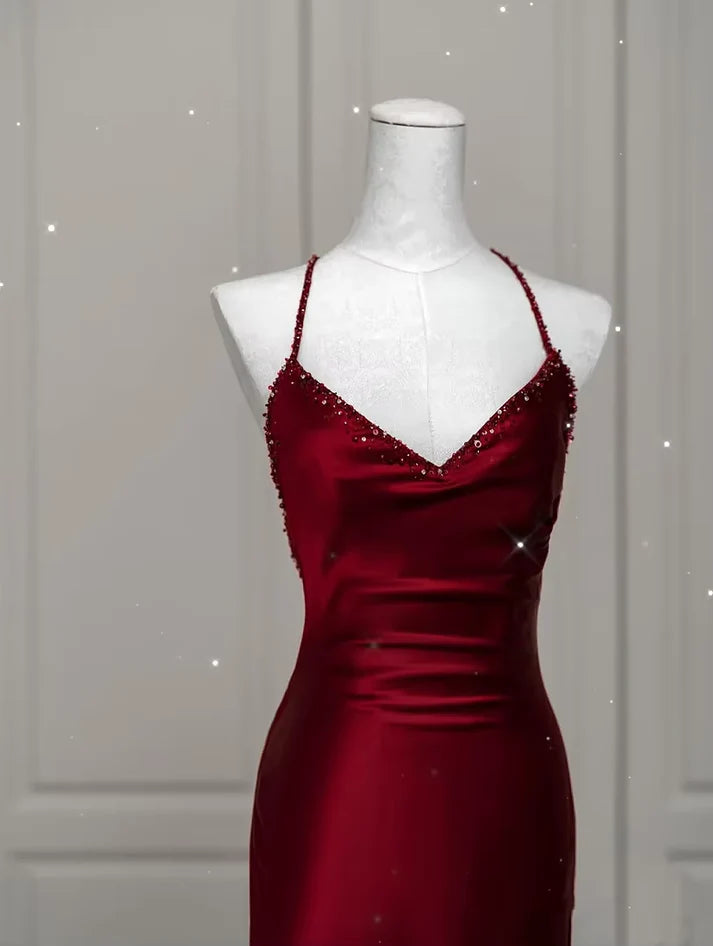 Robe de soirée sirène bordeaux sexy et exquise, bretelles spaghetti, longueur au sol, en satin, dos nu, robe de bal, robe de soirée nv3601