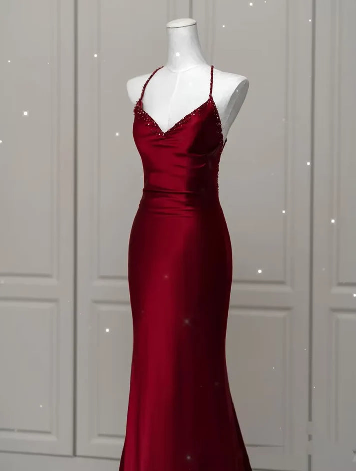 Robe de soirée sirène bordeaux sexy et exquise, bretelles spaghetti, longueur au sol, en satin, dos nu, robe de bal, robe de soirée nv3601