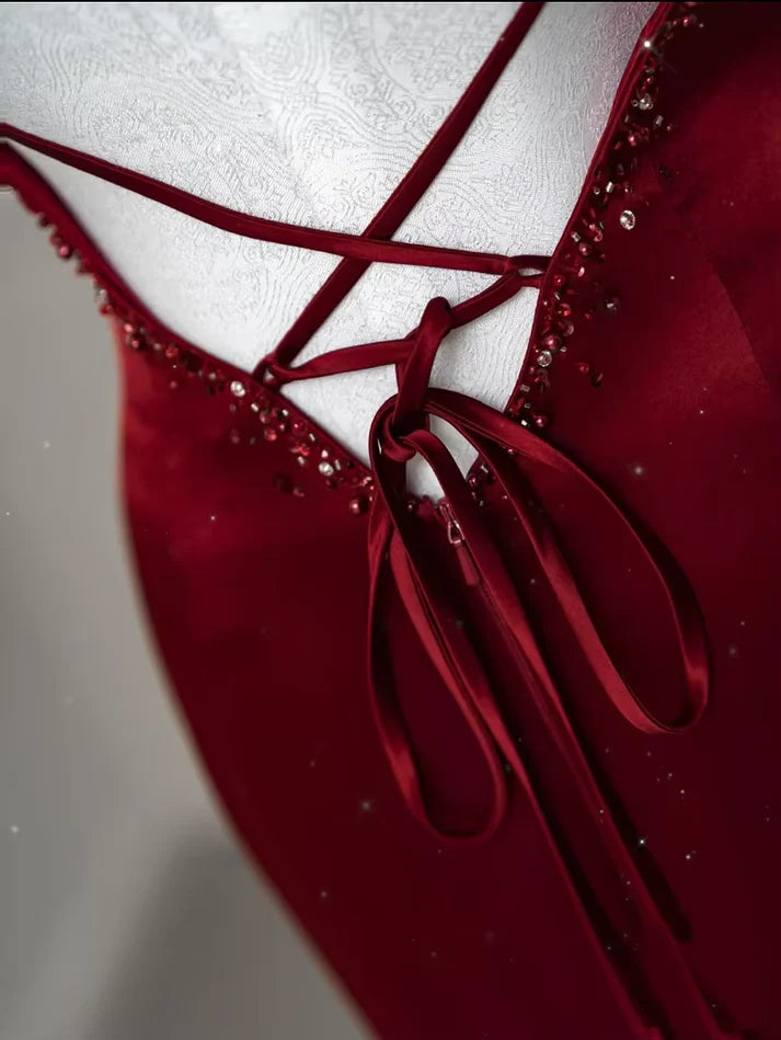 Robe de soirée sirène bordeaux sexy et exquise, bretelles spaghetti, longueur au sol, en satin, dos nu, robe de bal, robe de soirée nv3601