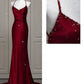 Robe de soirée sirène bordeaux sexy et exquise, bretelles spaghetti, longueur au sol, en satin, dos nu, robe de bal, robe de soirée nv3601