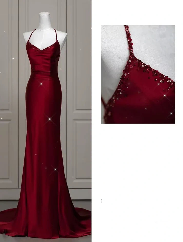 Robe de soirée sirène bordeaux sexy et exquise, bretelles spaghetti, longueur au sol, en satin, dos nu, robe de bal, robe de soirée nv3601