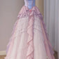Robe de bal vintage rose à volants et décolleté en cœur, longue robe de soirée en tulle, nv3793